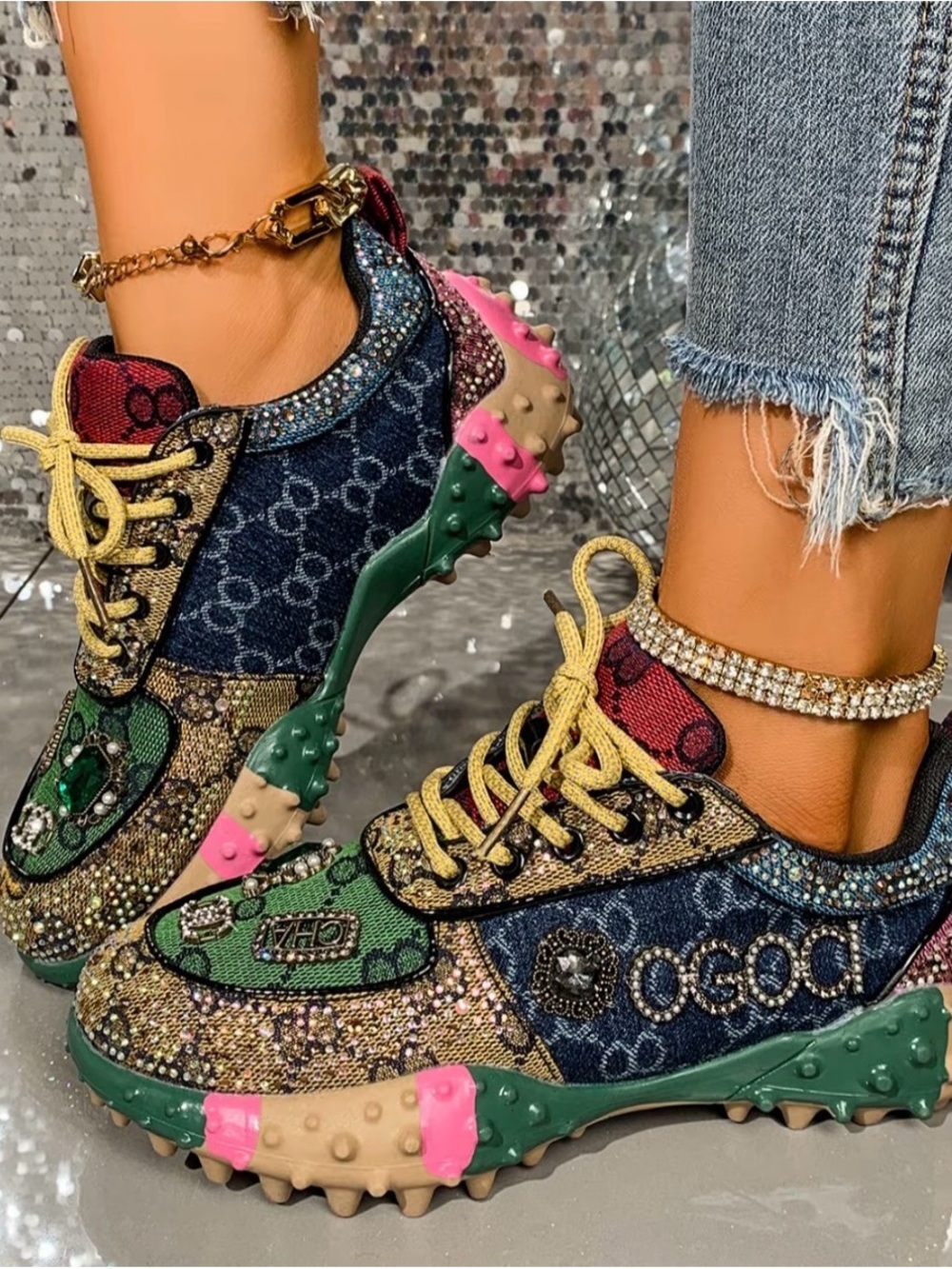 Embellished Multicolor Mesh Sneakers with Crystal Accents - Women - Picture 2 of 16